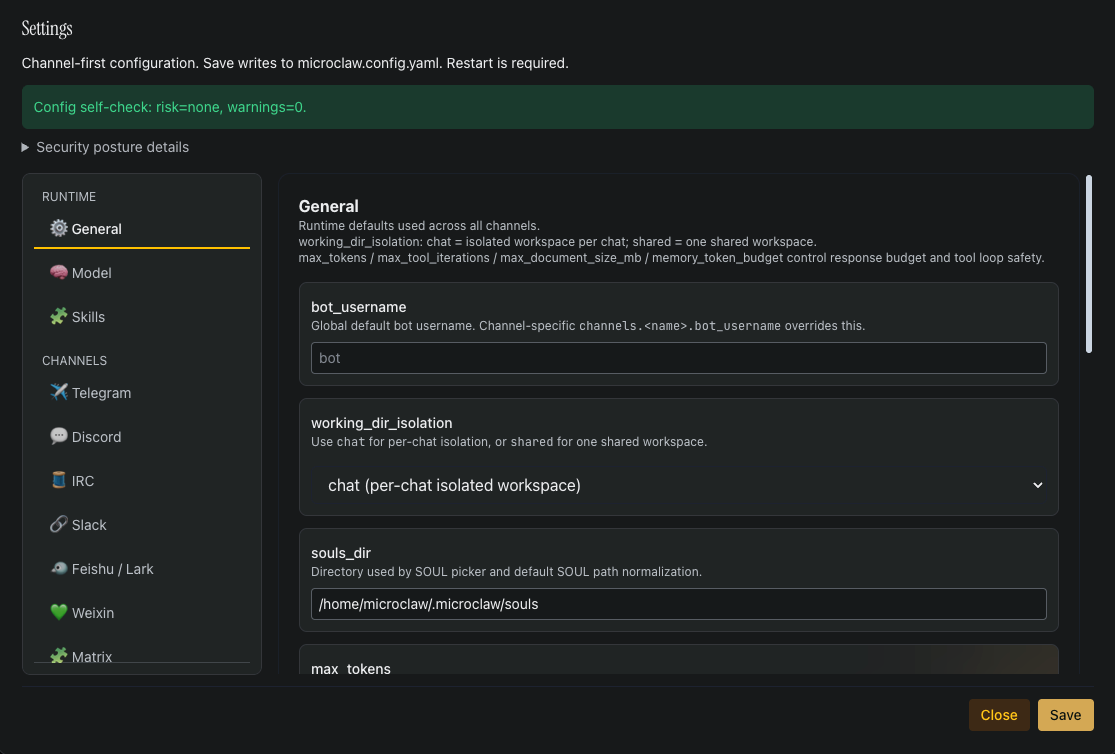 Agent Settings panel — top banner is the Config self-check (risk level + warning count, expandable to show Security posture details); left rail lists Runtime (General / Model / Skills), every channel adapter, and Access / A2A; right pane shows the currently selected tab's form.