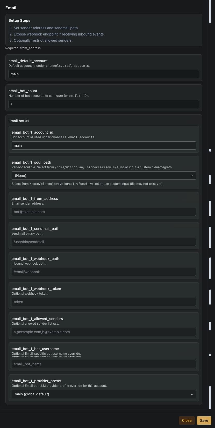 Email channel settings