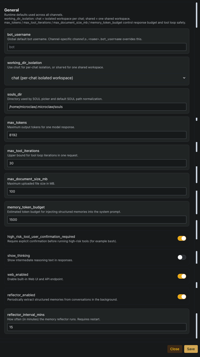Runtime → General form — fields for bot_username, working_dir_isolation (chat / shared), souls_dir, max_tokens, max_tool_iterations, max_document_size_mb, memory_token_budget; toggles for high_risk_tool_user_confirmation_required, thinking trace exposure, built-in web UI enable, and reflector_enabled plus reflector_interval_mins.